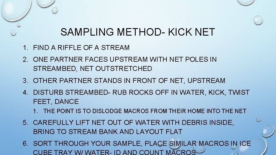 SAMPLING METHOD- KICK NET 1. FIND A RIFFLE OF A STREAM 2. ONE PARTNER