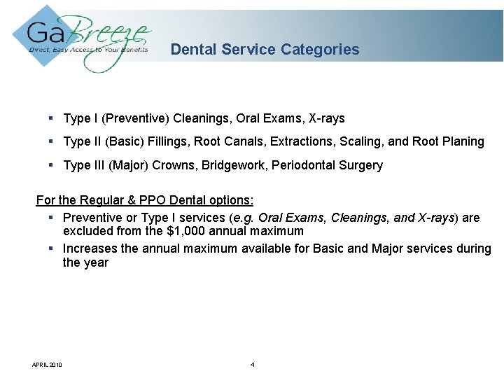 Dental Service Categories § Type I (Preventive) Cleanings, Oral Exams, X-rays § Type II