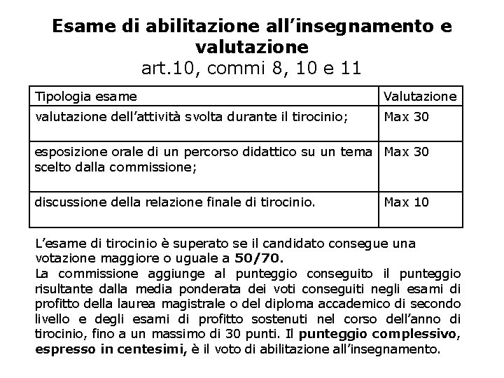 Esame di abilitazione all’insegnamento e valutazione art. 10, commi 8, 10 e 11 Tipologia