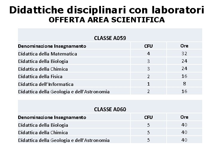 Didattiche disciplinari con laboratori OFFERTA AREA SCIENTIFICA CLASSE A 059 Denominazione Insegnamento Didattica della