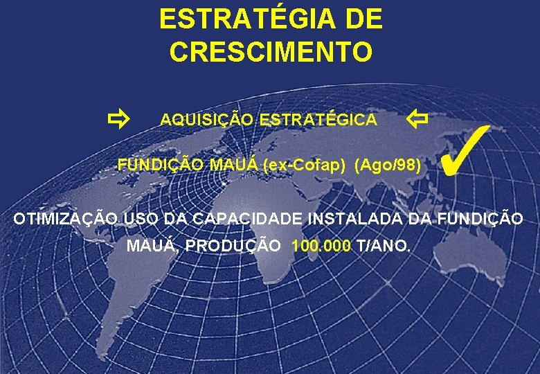 ESTRATÉGIA DE CRESCIMENTO AQUISIÇÃO ESTRATÉGICA FUNDIÇÃO MAUÁ (ex-Cofap) (Ago/98) OTIMIZAÇÃO USO DA CAPACIDADE INSTALADA