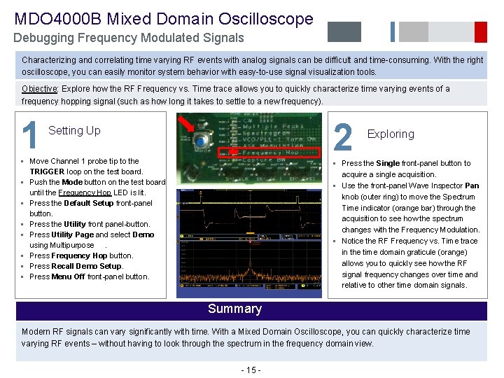  MDO 4000 B Mixed Domain Oscilloscope Debugging Frequency Modulated Signals Characterizing and correlating