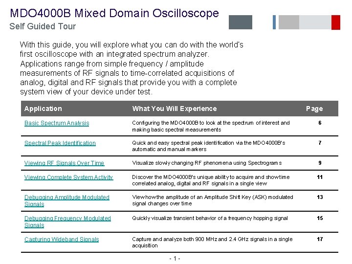  MDO 4000 B Mixed Domain Oscilloscope Self Guided Tour With this guide, you