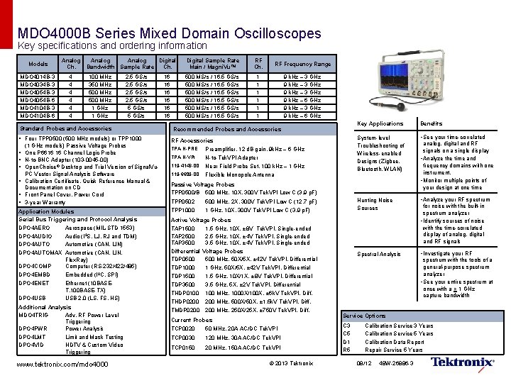 MDO 4000 B Series Mixed Domain Oscilloscopes Key specifications and ordering information Models MDO