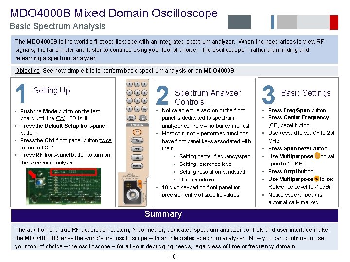  MDO 4000 B Mixed Domain Oscilloscope Basic Spectrum Analysis The MDO 4000 B