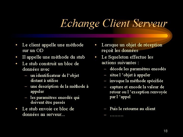 Echange Client Serveur • Le client appelle une méthode sur un OD • Il