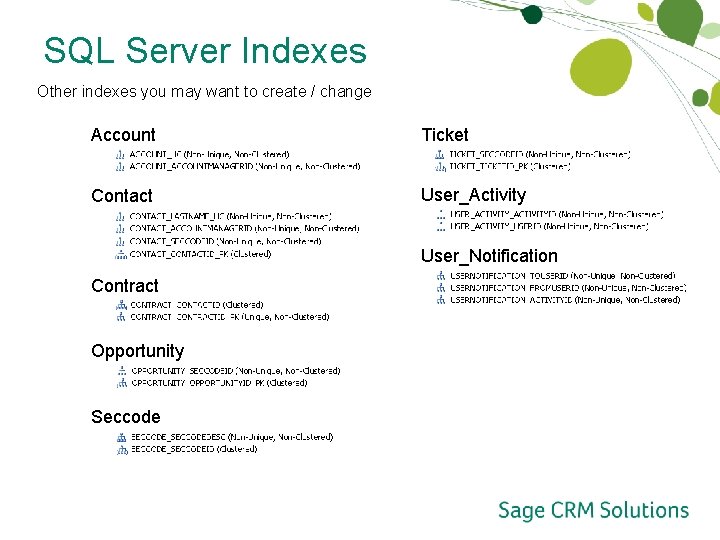 SQL Server Indexes Other indexes you may want to create / change Account Ticket