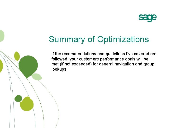 Summary of Optimizations If the recommendations and guidelines I’ve covered are followed, your customers