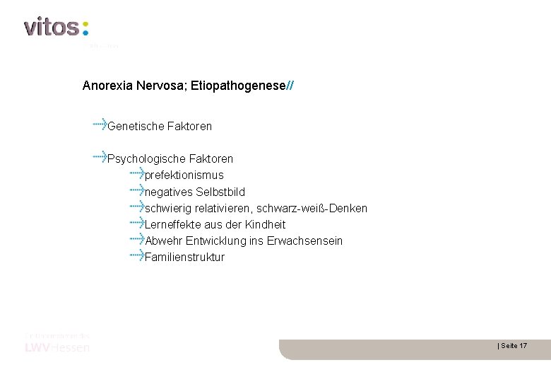 Anorexia Nervosa; Etiopathogenese// Genetische Faktoren Psychologische Faktoren prefektionismus negatives Selbstbild schwierig relativieren, schwarz-weiß-Denken Lerneffekte