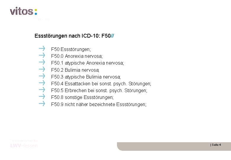 Essstörungen nach ICD-10: F 50// F 50 Essstörungen; F 50. 0 Anorexia nervosa; F