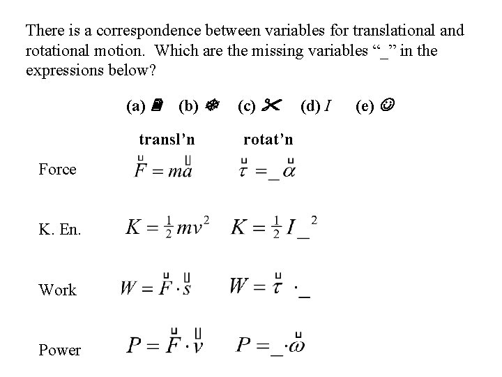 There is a correspondence between variables for translational and rotational motion. Which are the