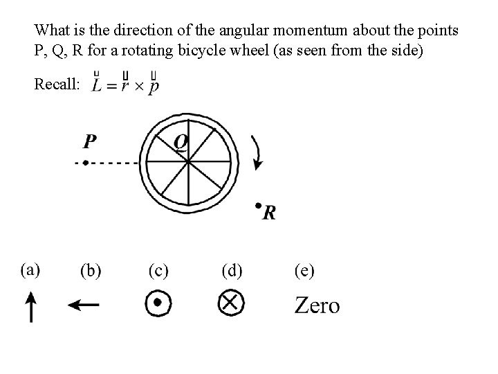 What is the direction of the angular momentum about the points P, Q, R