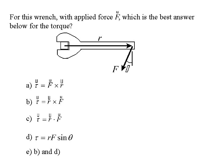 For this wrench, with applied force , which is the best answer below for