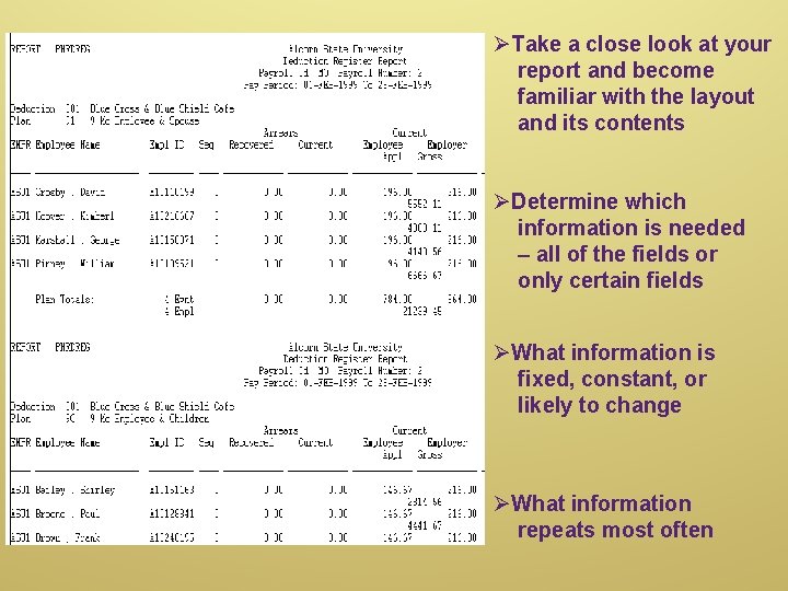 ØTake a close look at your report and become familiar with the layout and