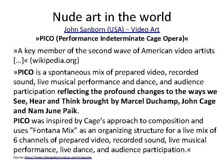 Nude art in the world John Sanborn (USA) – Video Art » PICO (Performance