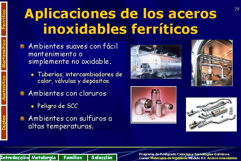 Ferrítico Martensítico Austenítico Aplicaciones de los aceros inoxidables ferríticos Ambientes suaves con fácil mantenimiento