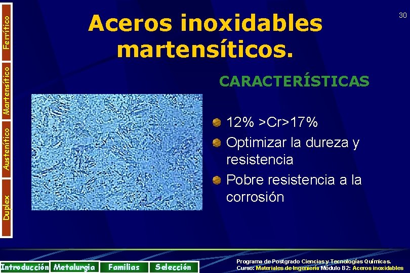 Ferrítico Martensítico Aceros inoxidables martensíticos. CARACTERÍSTICAS Austenítico 12% >Cr>17% Optimizar la dureza y resistencia