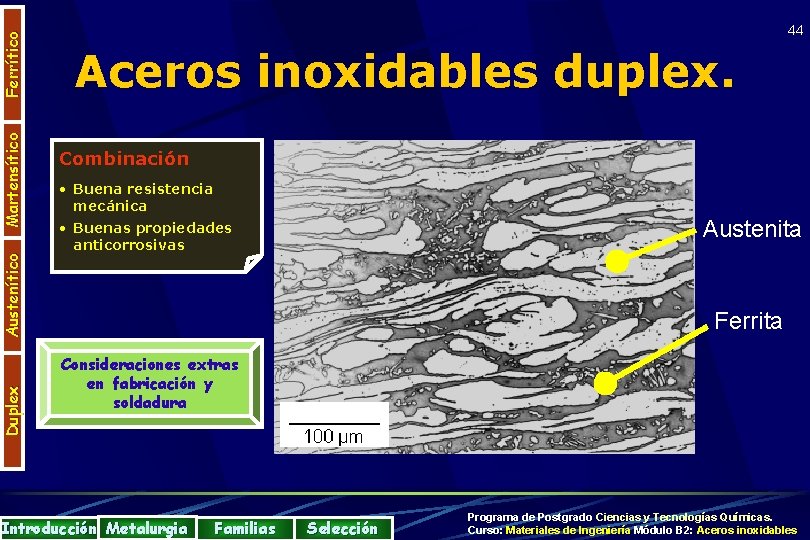 Ferrítico Martensítico Austenítico Duplex 44 Aceros inoxidables duplex. Combinación • Buena resistencia mecánica Austenita