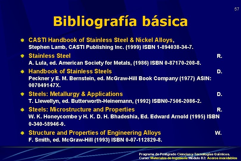 57 Bibliografía básica CASTI Handbook of Stainless Steel & Nickel Alloys, Stephen Lamb, CASTI