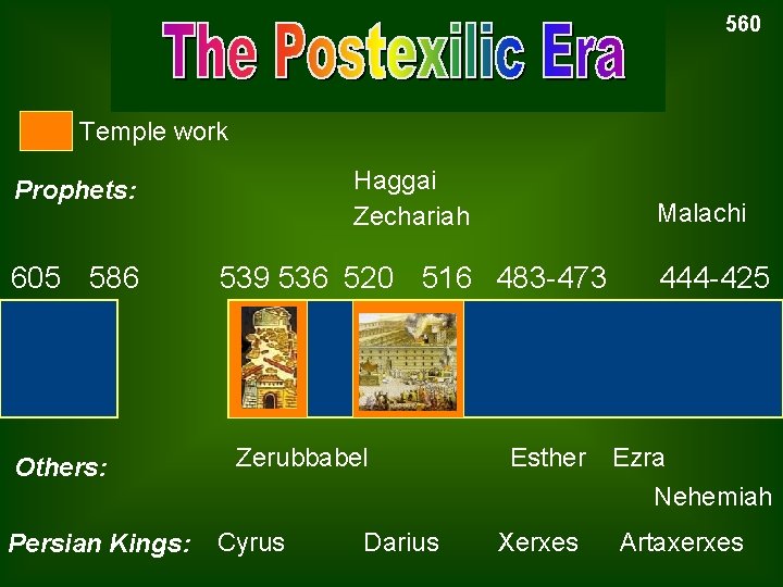 560 The Postexilic Era Temple work Prophets: Haggai Zechariah 605 586 539 536 520