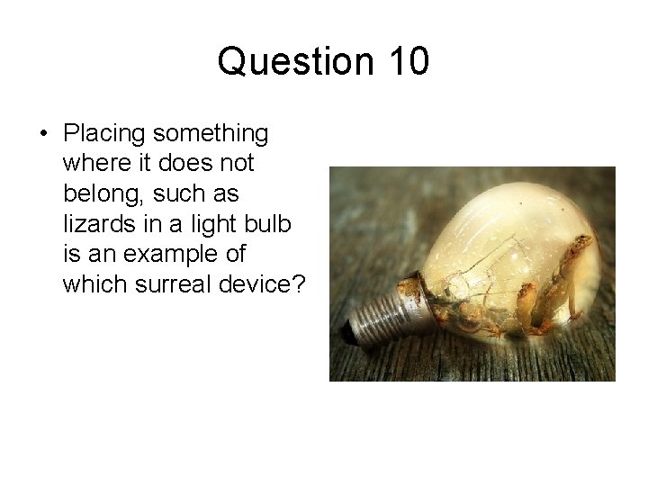 Question 10 • Placing something where it does not belong, such as lizards in