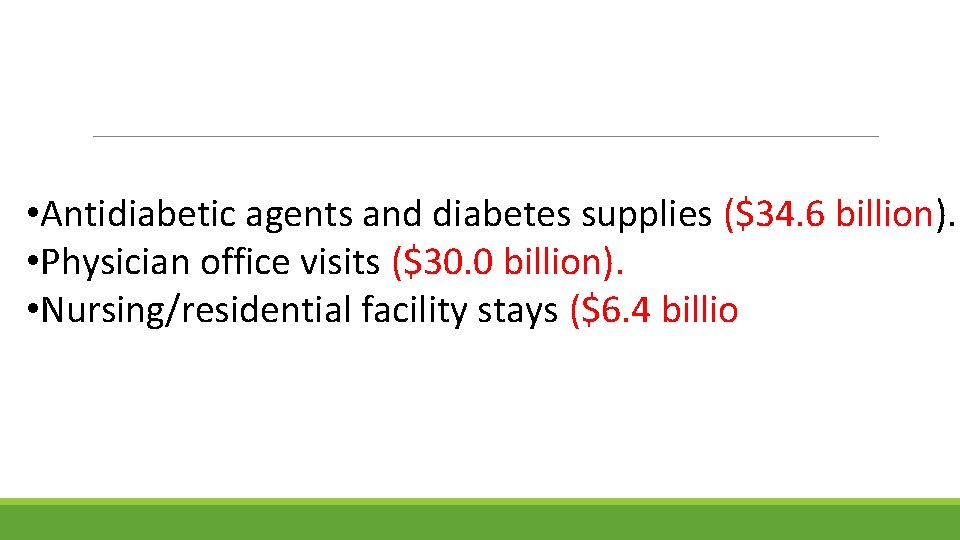  • Antidiabetic agents and diabetes supplies ($34. 6 billion). • Physician office visits