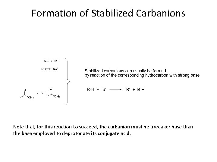 Formation of Stabilized Carbanions Note that, for this reaction to succeed, the carbanion must