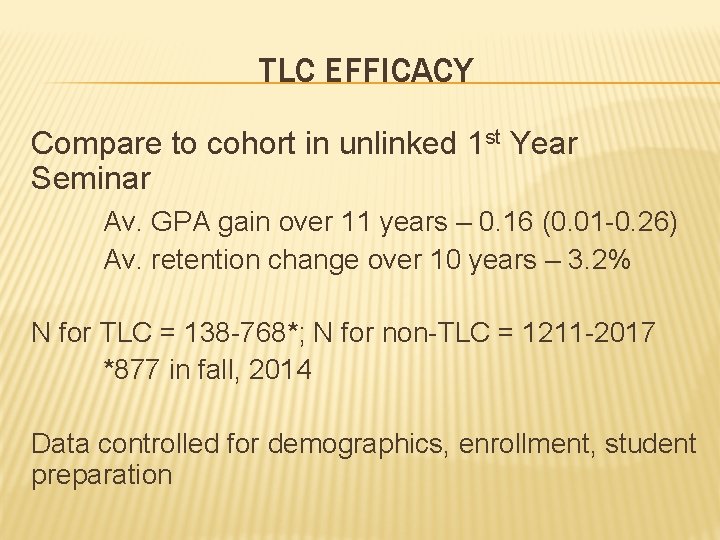 TLC EFFICACY Compare to cohort in unlinked 1 st Year Seminar Av. GPA gain