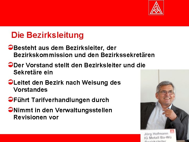 Die Bezirksleitung Besteht aus dem Bezirksleiter, der Bezirkskommission und den Bezirkssekretären Der Vorstand stellt