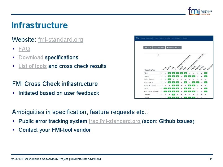 Infrastructure Website: fmi-standard. org § FAQ, § Download specifications § List of tools and