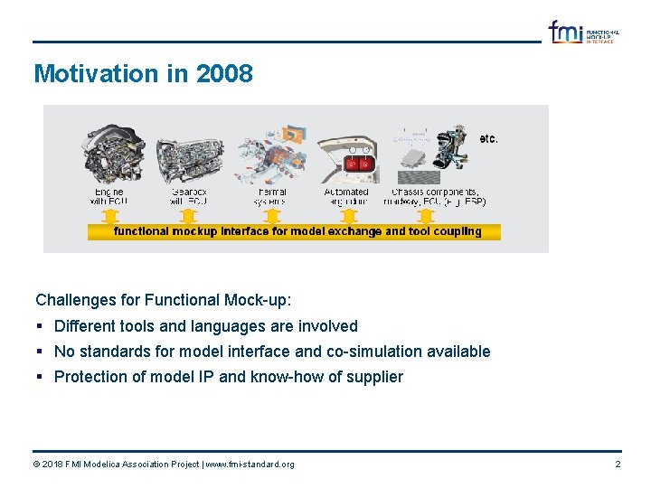 Motivation in 2008 Challenges for Functional Mock-up: § Different tools and languages are involved