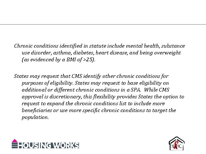 Chronic conditions identified in statute include mental health, substance use disorder, asthma, diabetes, heart