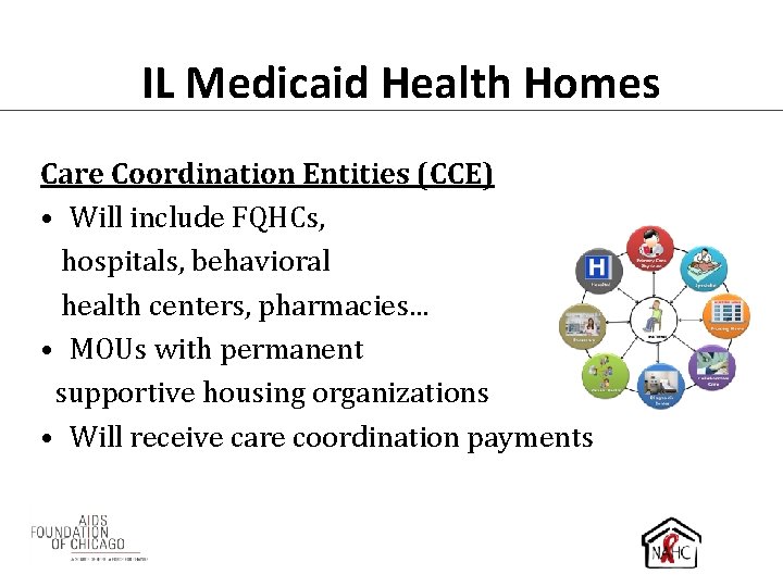 IL Medicaid Health Homes Care Coordination Entities (CCE) • Will include FQHCs, hospitals, behavioral