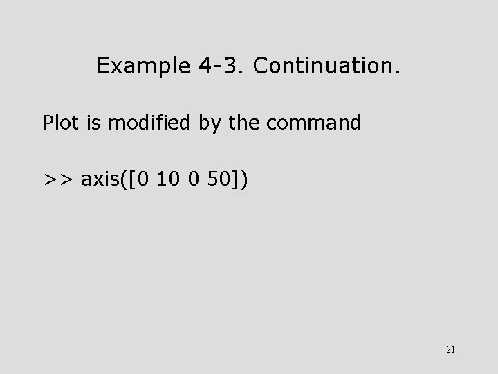 Example 4 -3. Continuation. Plot is modified by the command >> axis([0 10 0