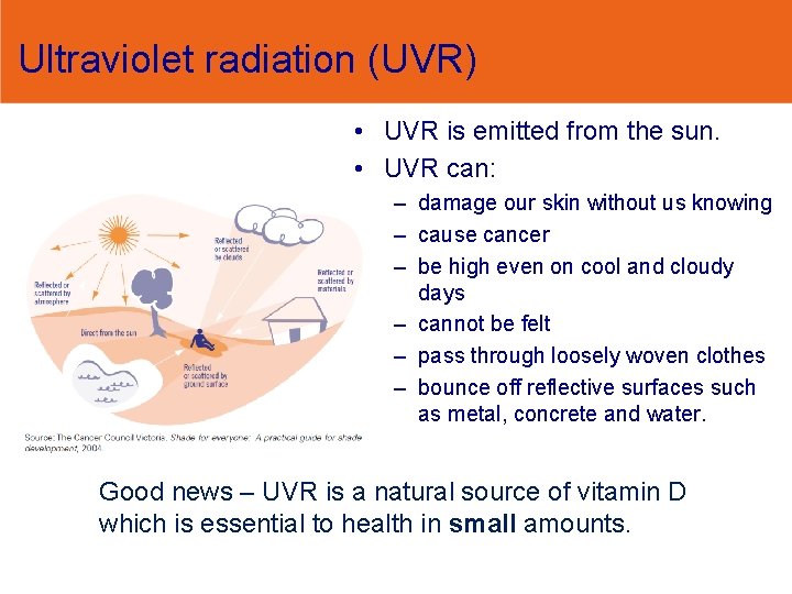 Ultraviolet radiation (UVR) • UVR is emitted from the sun. • UVR can: –