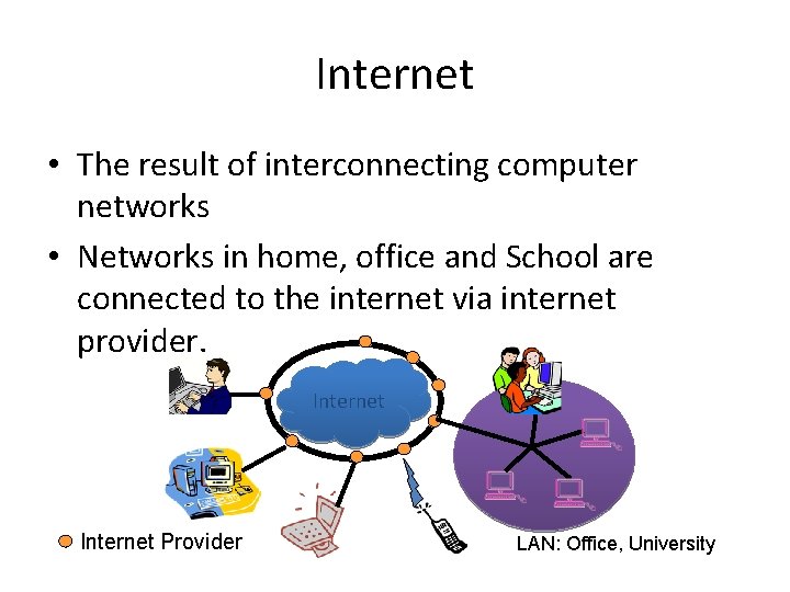 Internet • The result of interconnecting computer networks • Networks in home, office and