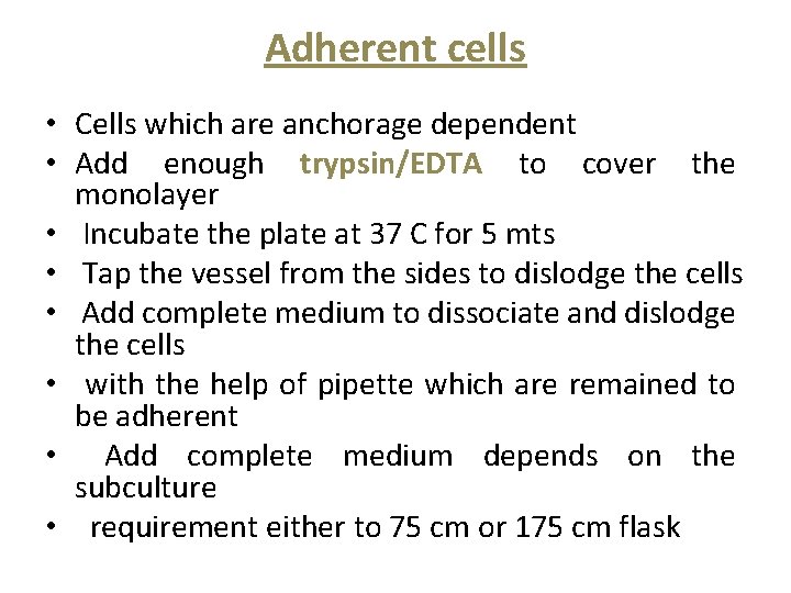 Adherent cells • Cells which are anchorage dependent • Add enough trypsin/EDTA to cover