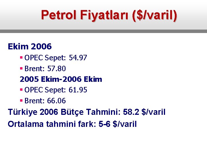 Petrol Fiyatları ($/varil) Ekim 2006 § OPEC Sepet: 54. 97 § Brent: 57. 80