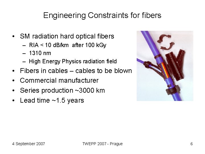 Engineering Constraints for fibers • SM radiation hard optical fibers – RIA < 10