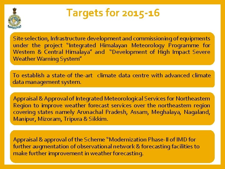 Targets for 2015 -16 Site selection, Infrastructure development and commissioning of equipments under the