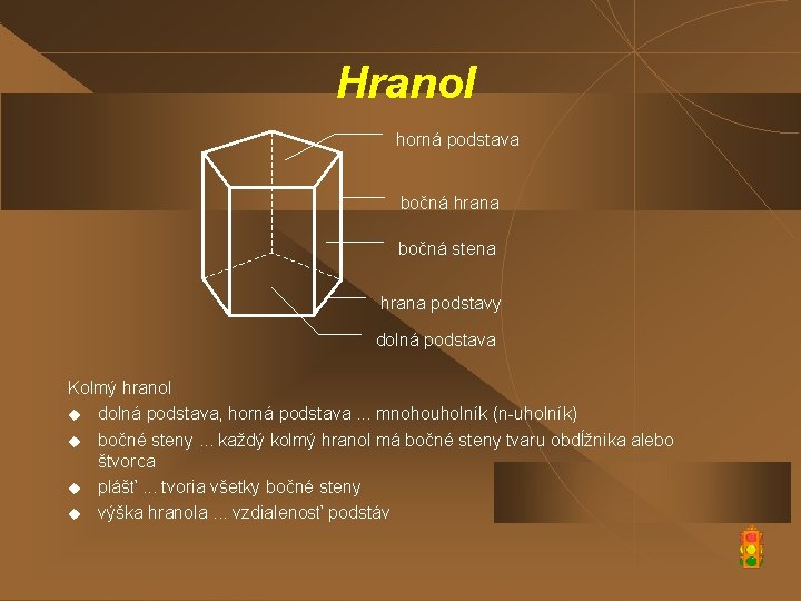 Hranol horná podstava bočná hrana bočná stena hrana podstavy dolná podstava Kolmý hranol u