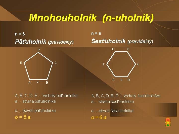 Mnohouholník (n-uholník) n=5 n=6 Päťuholník (pravidelný) Šesťuholník (pravidelný) E D E C A a