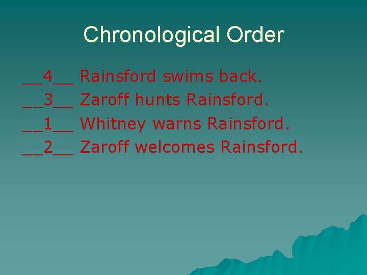 Chronological Order __4__ __3__ __1__ __2__ Rainsford swims back. Zaroff hunts Rainsford. Whitney warns