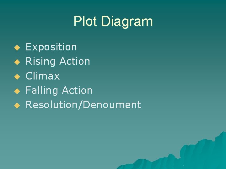 Plot Diagram u u u Exposition Rising Action Climax Falling Action Resolution/Denoument 