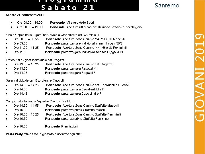 Programma Sabato 21 Sanremo Sabato 21 settembre 2019 Finale Coppa Italia – gara individuale