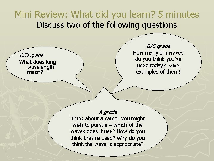 Mini Review: What did you learn? 5 minutes Discuss two of the following questions