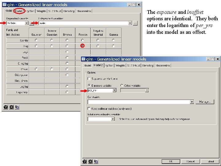 The exposure and lnoffset options are identical. They both enter the logarithm of per_yrs