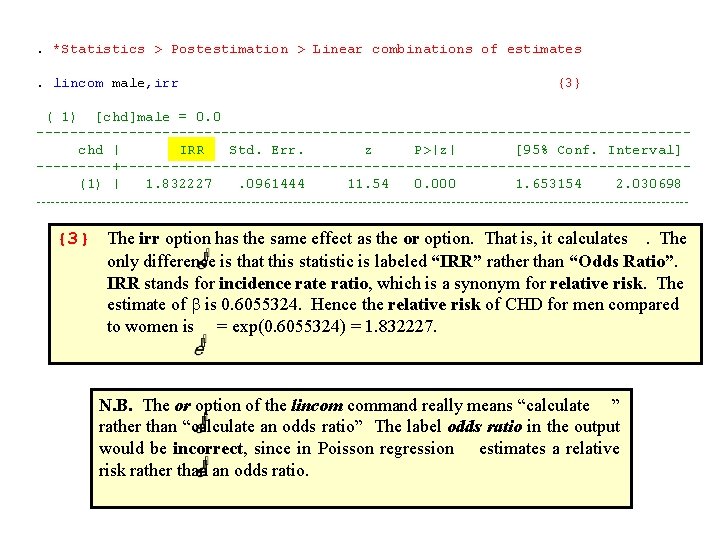 . *Statistics > Postestimation > Linear combinations of estimates . lincom male, irr {3}