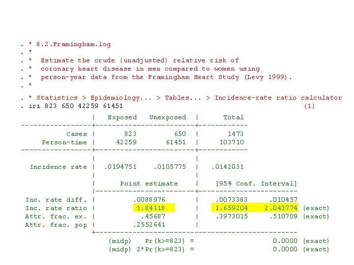 . * 8. 2. Framingham. log . *. * Estimate the crude (unadjusted) relative