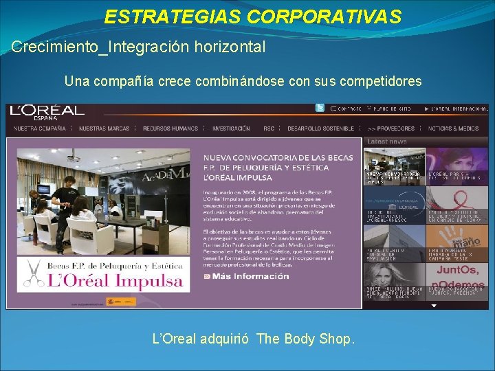 ESTRATEGIAS CORPORATIVAS Crecimiento_Integración horizontal Una compañía crece combinándose con sus competidores L’Oreal adquirió The